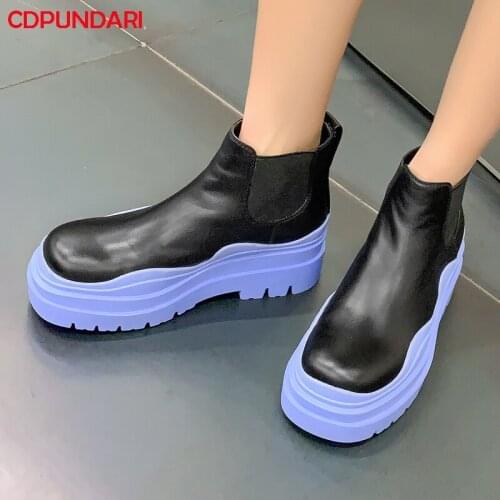 New 2021 Genuine Leather Flat Platform Chunky Ankle Boots For Women Spring Autumn Chelsea Short Boots Shoes Bottines Femme Black