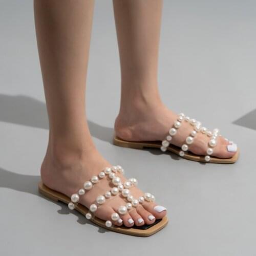Womens slippers Pearl transparent womens sandals summer 2021 beach casual flat beaded slippers womens outer wear