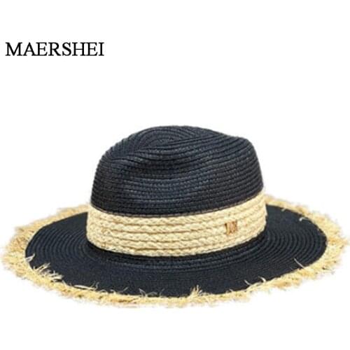 MAERSHEI New Women Natural Wide Brim Burr Raffia Straw Hats Fringe Women Plain Large Beach Summer Sun Caps Big Straw Cap chapeau