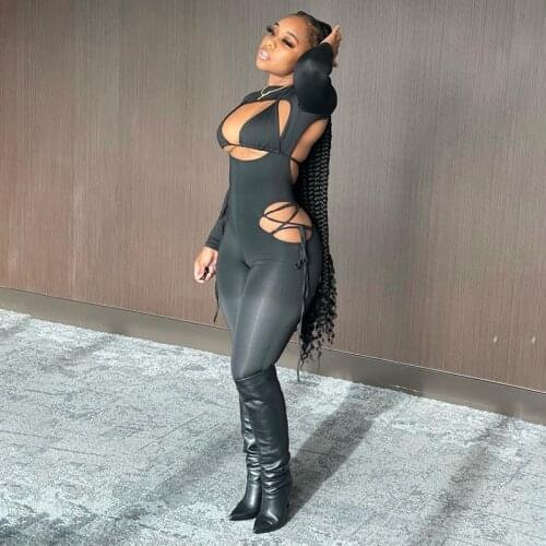 Sexy Hollow Out Bandage Jumpsuit Women Two Piece Set Casual Acrivewear Long Sleeve Leggings Bodycon Body Rompers Womens Jumpsuit