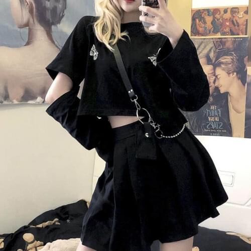 Harajuku Crop Tops And Skirts Sets Women Black T-shirt Printed Butterflies Short Mini A-Line Punk Skirt Female Two Pieces Sets