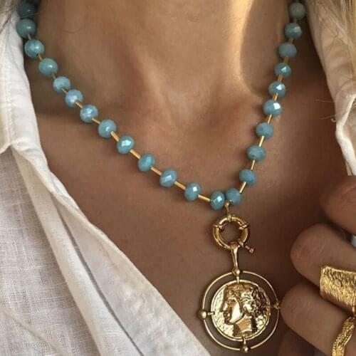 HuaTang Vintage Coin Portrait Pendant Necklace for Women Blue Crystal Beads Clavicle Chains Choker Female Jewelry on the Neck