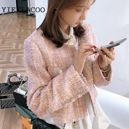 Pink short coat Tweed Womens Spring/Autumn Coat 2020 New Style Elegant All-match Long Sleeve Outdoor Coat One-Piece