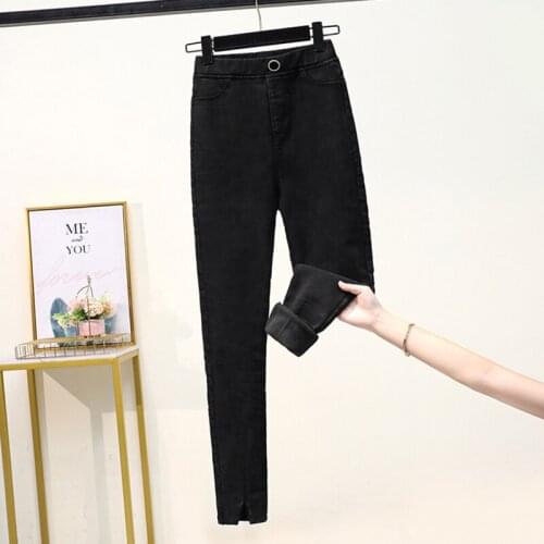 Winter Fleece Thick Imitation Jeans Woman Stretch Skinny Pencil Pants Plus Size Female Ankle Length Slim Leggings buttons Mujer