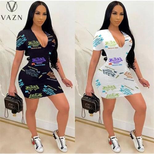 VAZN 2021 Casual Soft Bandage Bodycon Mini Dresses Arrival Summer Vintage Party Beach Deep V-neck Dress Casual Dress