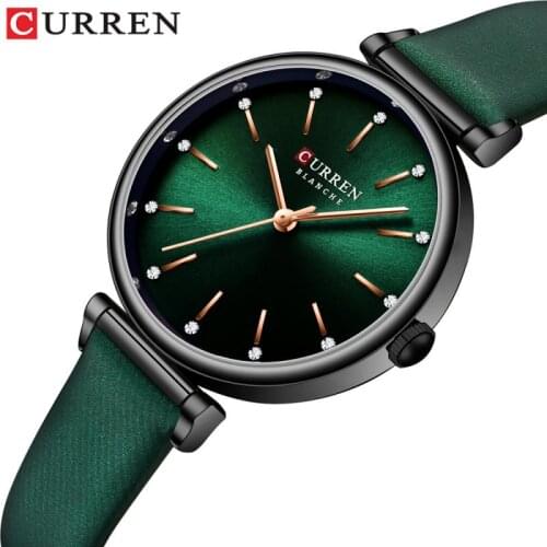 Curren Womens Watches New Top Brand Luxury Quartz Wristwatch with Leather Shiny Rhinestones Dial Green Clock Female