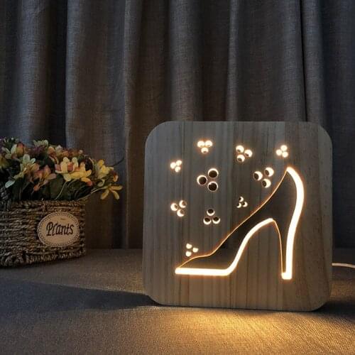 Wooden High-heeled Shoes Lamp Solid Wood Carving LED Night Lamp Creative USB Power Supply 3D Night Light for Children Gift