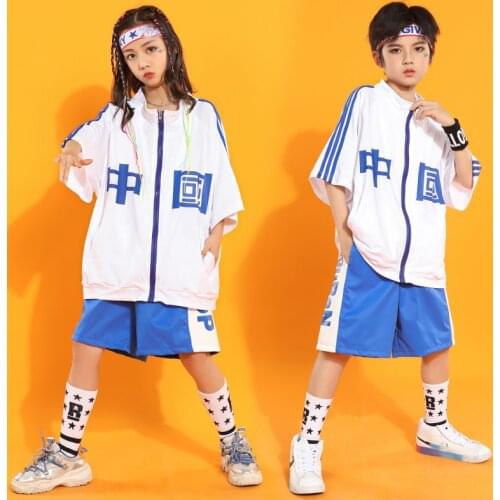 Kids Hip Hop Clothing Girls Jazz Costume for Boys Chinese Style White Top Blue Shorts Ballroom Cheerleading Costumes XS1979