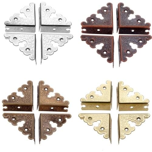 DRELD 4pcs Antique Iron Triangle Corner Wooden Box Corners Furniture Protector Decor Print Pattern Carved Protectors 34mm