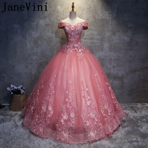 JaneVini 2018 Graceful Long Bridesmaid Dresses Ball Gown Boat Beaded Neck Lace Appliques Tulle Floor Length Vestido Boda Invitad