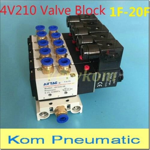 Multi Option 4V210-08 Electromagnetic Solenoid Valve Block With Muffler Fitting Base Manifold DC 12v 24v AC 110v 220v 2 10 Way