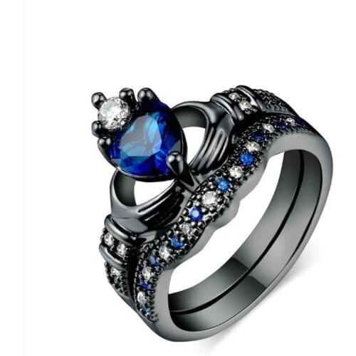 Black Gun Plated Blue Crystal Heart Crown Finger Ring with Rhinestone for Anniversary Gift Jewelry