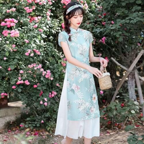 Chinese Traditional Long Sexy Dress Gown Slim Blue Qipao Print Flower Vestidos Elegant Lady Cheongsam Plus size 3XL 4XL 5XL