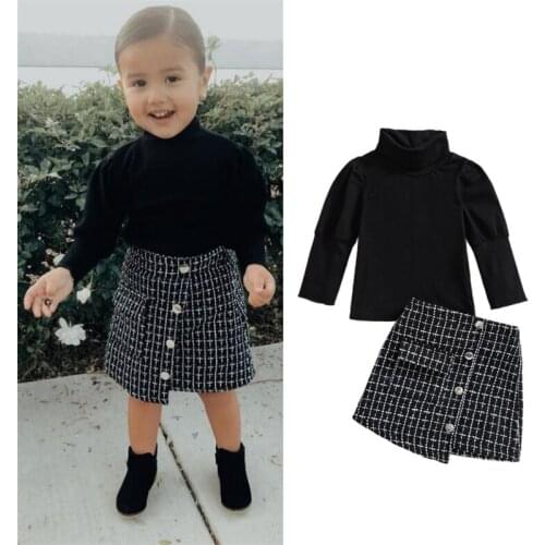 1-4Y Fashion Children Girls Clothing Sets Toddler Kids Girls Turtleneck Long Sleeve Tops+Plaid Button Skirts Outfits