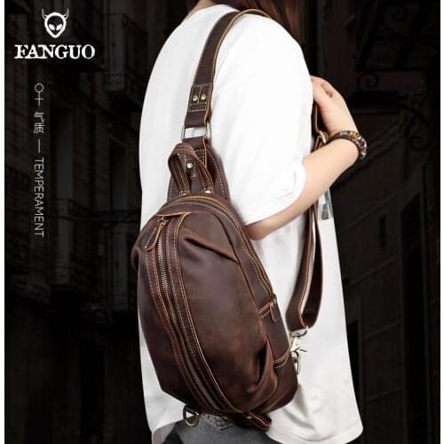 Retro Crazy Horse Leather Mens Chest Bag Handmade Genuine Leather Messenger Shoulder Bag Large Capacity Business Bags For Male