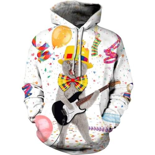 Mens Christmas Hoodies Sweatshirt Autumn Winter Casual 3D Cat Guitar Printing Long Sleeve Funny Sweatshirts Christmas Tops