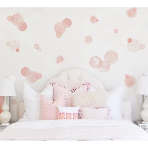 Watercolor Pink Polka Dots Wall Stickers Circles Hand Drawn Planets Wall Decals for Kids Room Baby Nursery Home Decoration PVC