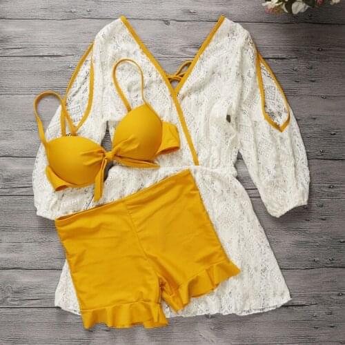 2021 New Women Bandage Bikini Set Push Up Bathing Suit Three Pieces Swimwear with Cover Up Summer Sexy Padded Swimsuit Biquinis