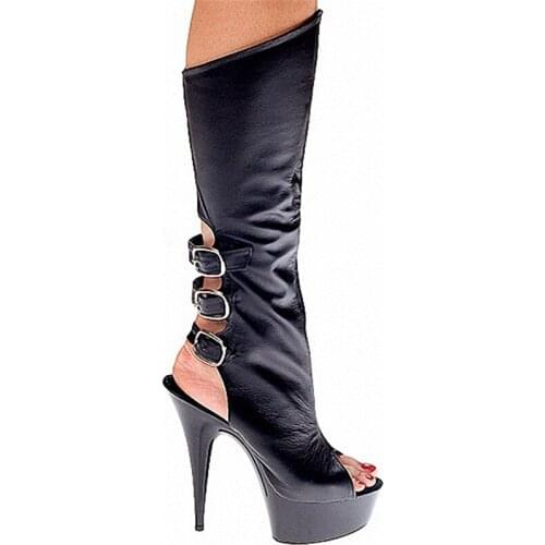 15CM high heel boots in the summer of sexy open-toed shoes womens leather knee high boots platform shoes