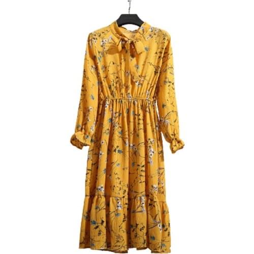 Spring Dress Long Sleeve Office Polka Dot Vintage Dress Women Casual Red Floral Autumn Shirt Chiffon Midi Dress For Ladies