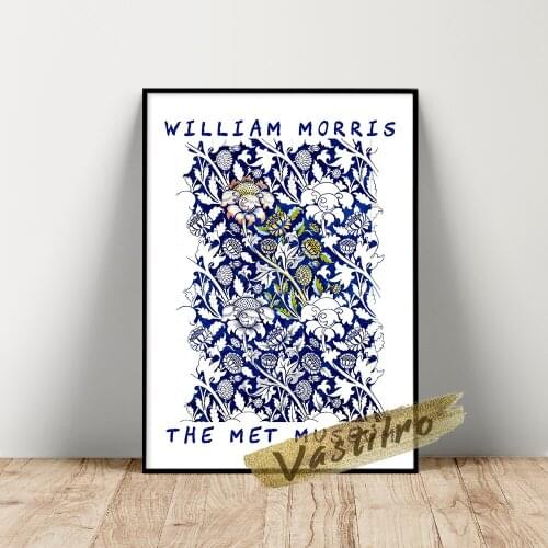 William Morris Exhibition Poster, Plant Floral Wall Art, Morris Dark Blue Flower Leaf Wall Picture, Vintage William Wall Decor