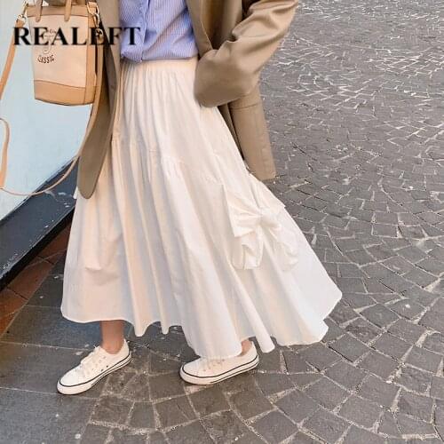 REALEFT 2021 New Autumn Elegant Womens Midi Skirts White Female High Waist A-Line Umbrella Casual Korean Style Bow Skirts Lady