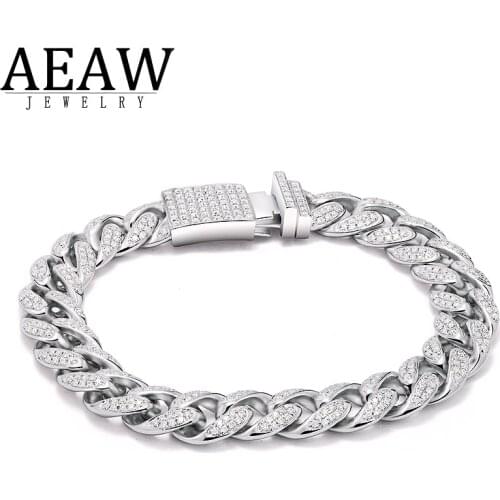 AEAW Moissanite Luxury Cuban Curb Miami Link Chain Bracelet For Men Rapper Jewlery Solid 9K White Gold Silver