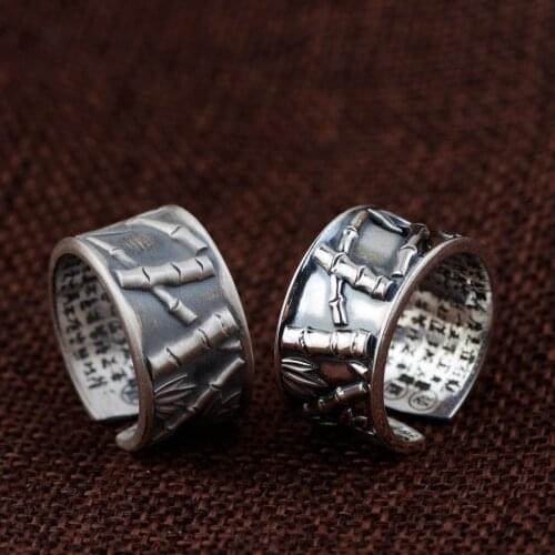 S990 fine silver archaize process couple bamboo heart sutra opening ring Thai silver