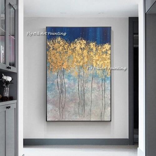 100% Handmade Moderne Flowing Gold Drop Blue Canvas Painting Abstract Art Wall Picture for Living Room Cuadros Decoracion