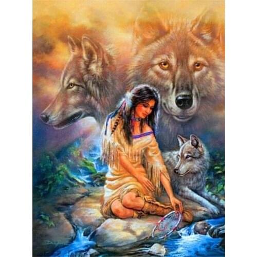 Indian Woman Wolf Animal Printed Water-Soluble Canvas 11CT Cross Stitch DIY Embroidery Patterns DMC Threads Hobby Decor