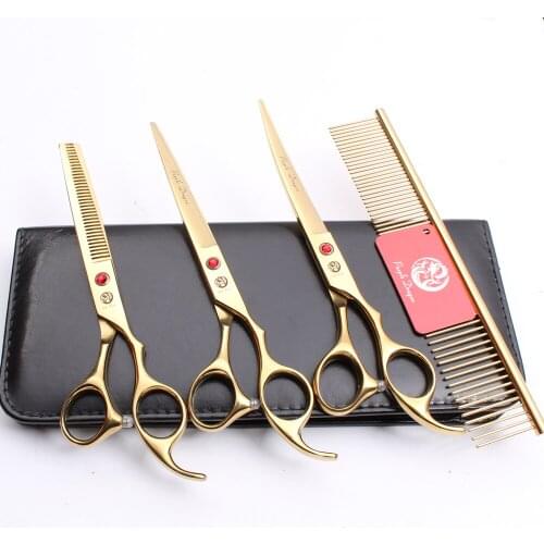 Z3003 4Pcs Set 7'' Golden Steel Comb + Cutting Shears + Thinning Scissors +UP Curved Shears Professional Pets Hair Scissors Suit