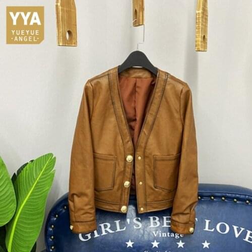Women Short Real Leather Sheepskin Jacket Vintage Street Single Breasted Casual Jackets Fashion V-Neck Long Sleeve Coat Female