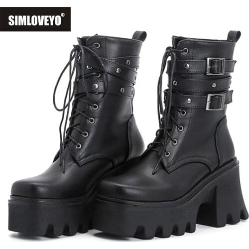 2021 Gothic Women Ankle Boots High Platform Motorcycle Lace Up Buckle Top Quality Autumn Winter Warm Chunky High Heels S2365