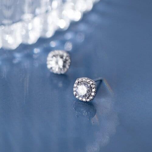 S925 Sterling Silver Color Shiny Geometric Square Zirconia Temperament Stud Earrings Jewelry For Women Daughter Lady Gift