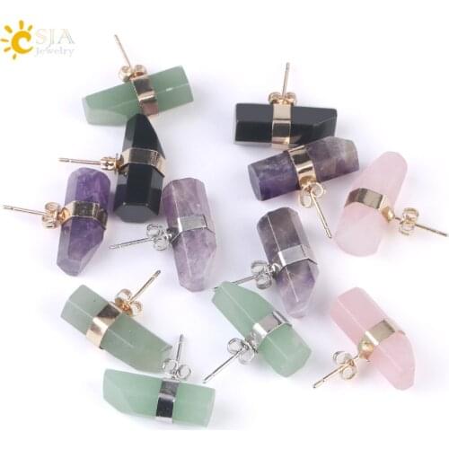 CSJA Natural Stone Stud Earrings Geometric Crystal Pillar Pink Quartz Earring for Women Healing Fashion Ear Jewellery Gifts G033