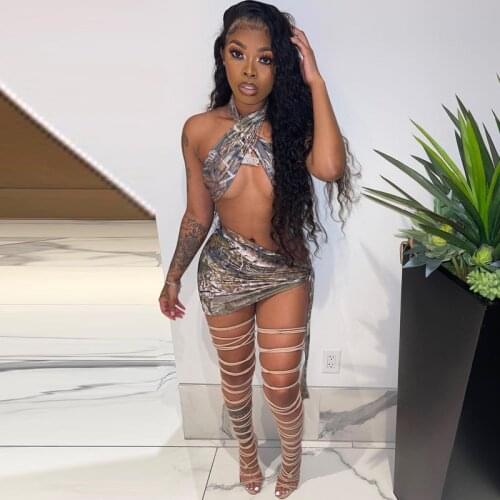 Floral Printed Halter Neck Cross Tie Vest Two-piece Suit Women Sleeveless Sexy Short Skirt Female Summer Casual Party Club Dress