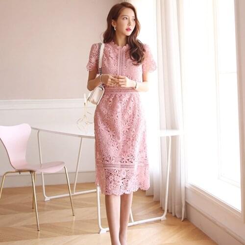 Lace Short Sleeve Retro Summer Flower Pink Dress Women Hollow Out Slim Elegant Evening Party Dress Vestidos