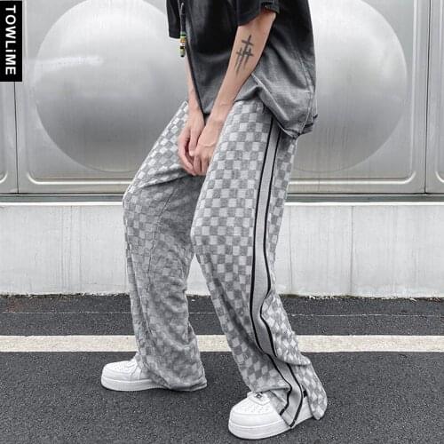 2021 Mens Fashion Trend Casual Pants Plaid Printing Loose Straight Pants Elastic Waist Full Length Trousers M-3XL