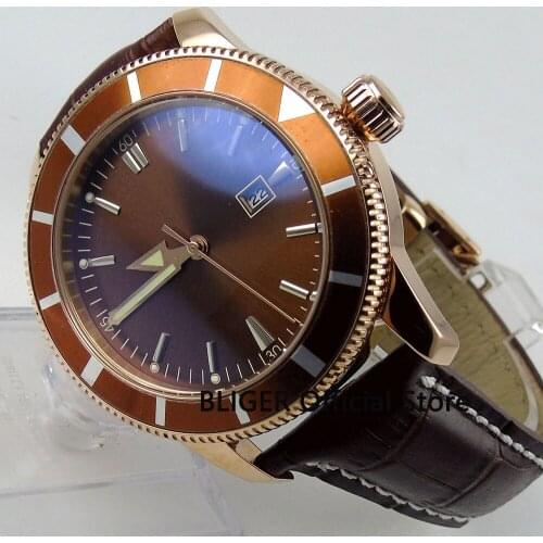 BLIGER Sterile Automatic Mens Watch With Date Window Gold Watch Case Leather Strap 46mm Wristwatch