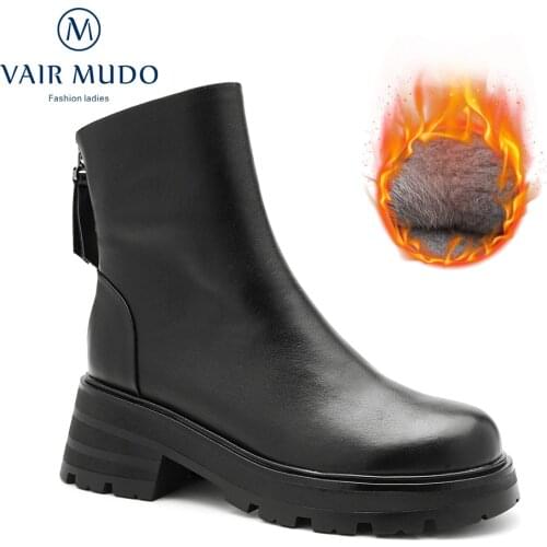 VAIR MUDO Ankle Boots Shoes Thick Bottom Round Toe Black Brown Genuine Leather Modern Boots Shoes Women Solid Concise DX176-C