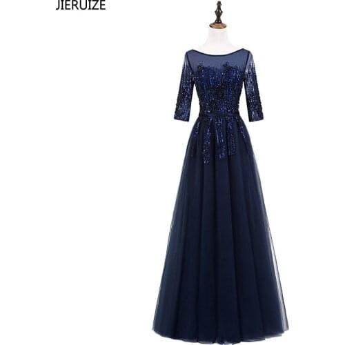 JIERUIZE Dark Navy Blue Beaded Long Evening Dresses 2018 A-line Half Sleeves Elegant Formal Dresses Luxury Mother Dresses