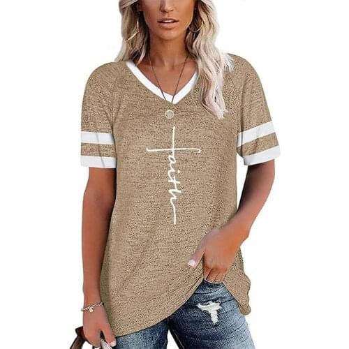 V-neck Short Sleeve Tee Shirt Women Summer Faith Letter Print Cross Fashion Casual Tops Tshirt Female Streetwear T-shirt