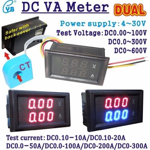 YB28VA DC Voltage Current Meter 10A 20A 50A 100A 0-100V 300V 600V Hall LED Digital Voltmeter Ammeter Dual Meter Ampere Amp Volt