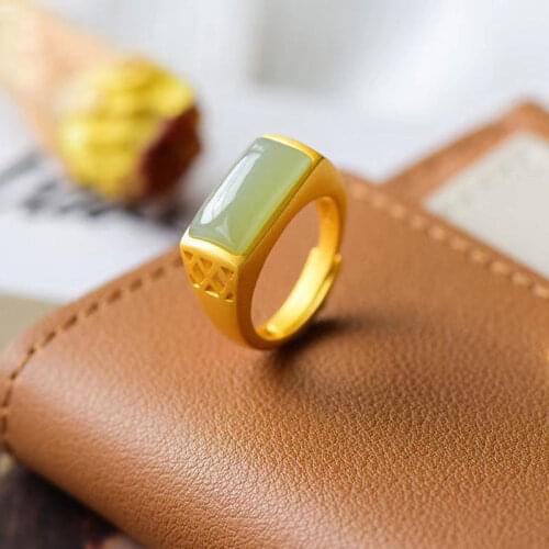 Natural Hetian Jade Saddle Jasper Ring Classic Retro S925 Sterling Silver Ancient Gold Thick Gold Inlaid Ornament
