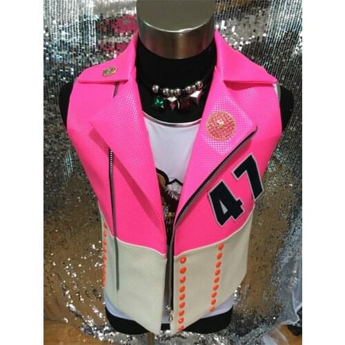 Nightclub Male Singer Leather Vest Jacket Jazz Dance Costume Bar singer Ds Dj performance costumes