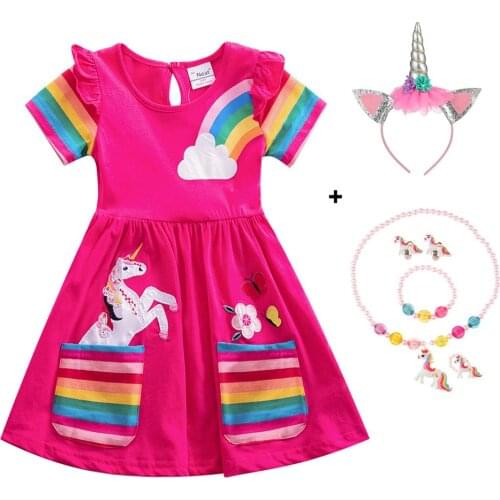 Red Unicorn Dress Pony Cartoon Printed Embroidered Cotton Round Neck Short-sleeved Costume for Girls Kids Summer Clothing