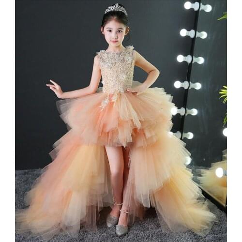 Appliques Lace Girl Dress Long Trailing Flower Girl Dresses for Wedding First Communion Dress Puffy Tulle Pageant Princess Dress