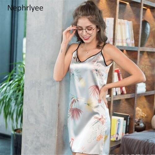 Lace Deep V-neck Nightdress Sexy Lingerie Nightgowns Sleepwear Night Dress Women Sleeveless Nightwear Faux Silk Satin Nightshirt