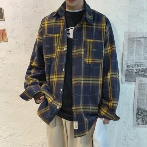 Spring Plaid Shirt Mens Fashion Retro Casual Shirt Wild Loose Long Sleeve Shirts Mens Streetwear Social Men Shirts M-5XL