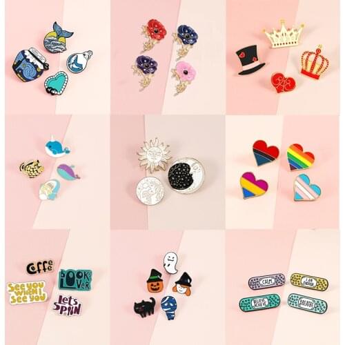 Enamel Pin Set Heart Fish Letter Sun Moon Flower Halloween Brooch Bag Clothes Lapel Pin Badge Cute Cartoon Animal Jewelry Gift